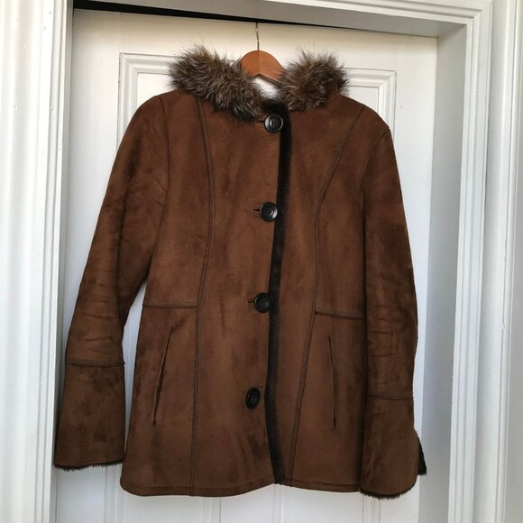 Tower by London Fog Coffee Brown Faux Small Women's Suede/Fur Hooded Coat - Picture 4 of 11